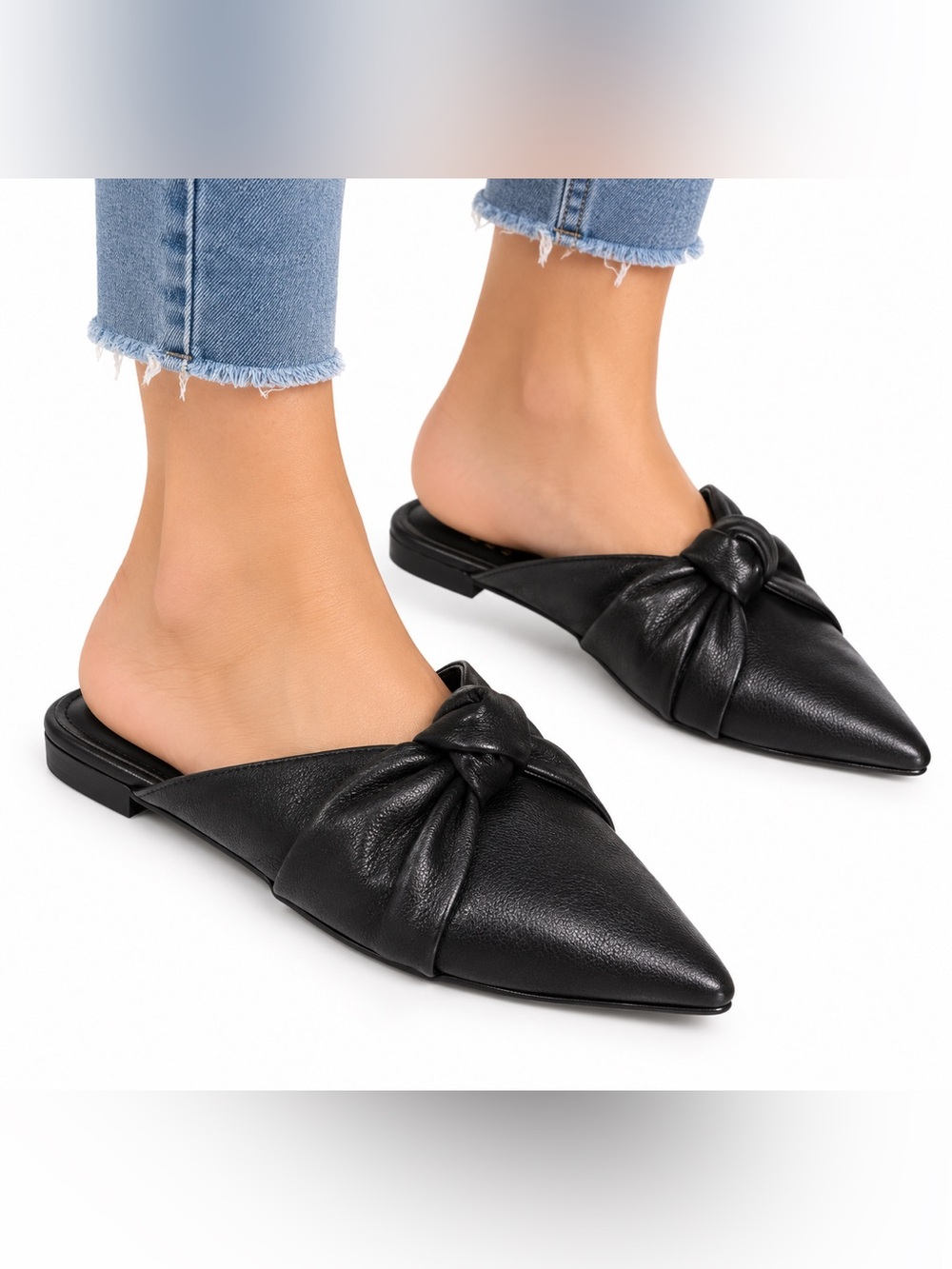 A New Day Size 7.5 Black Knot-Detail Bow Pointed Mule Flats - Women